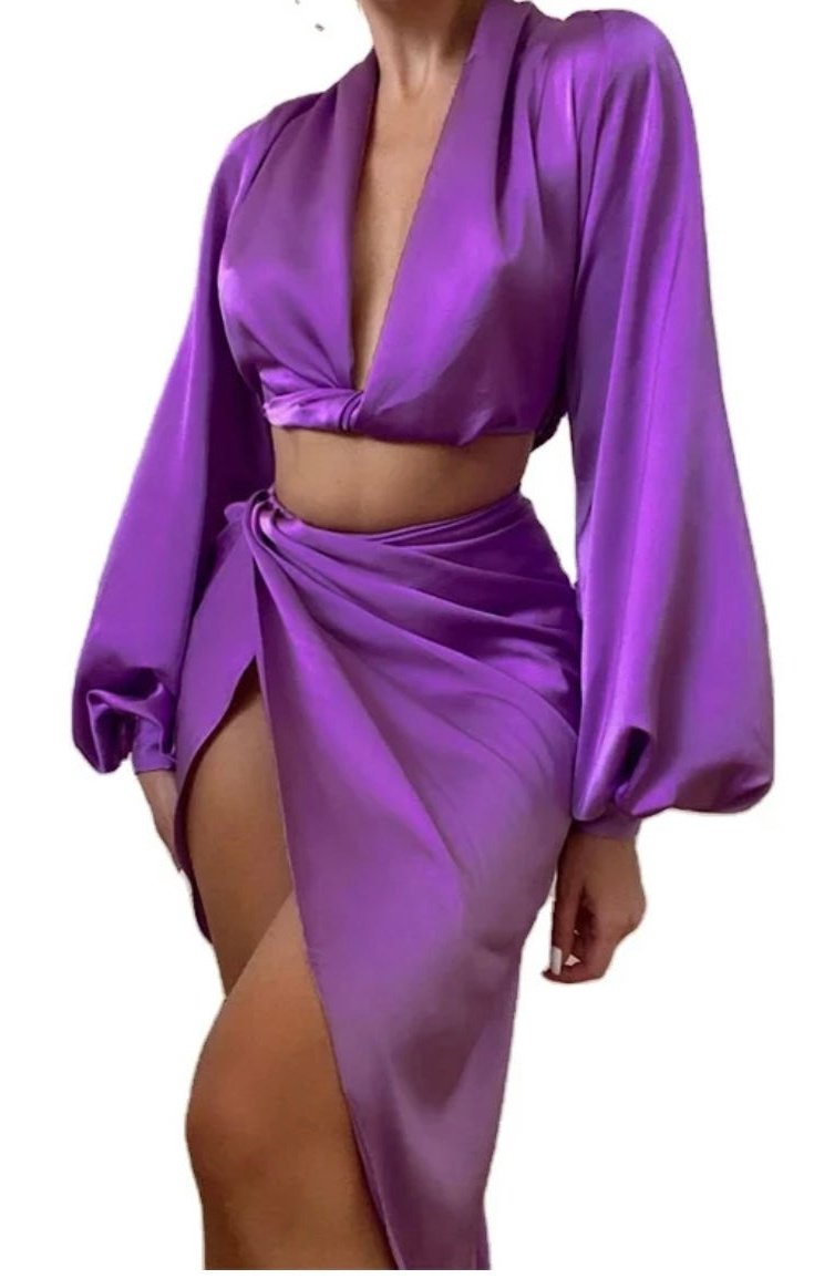 Long Sleeve Slit Skirt Set (3 Colors)