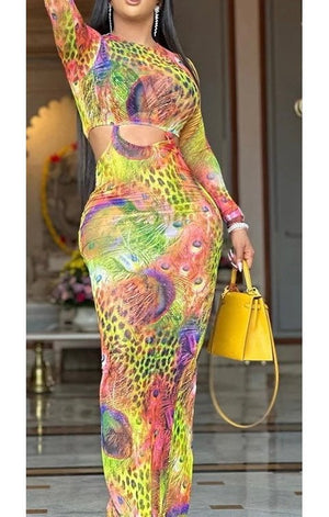 Print Multicolored Long Sleeve cutout Maxi Dress