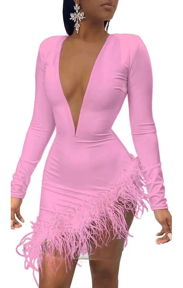Sexy Feather V Long Sleeve Dress (4 Colors)