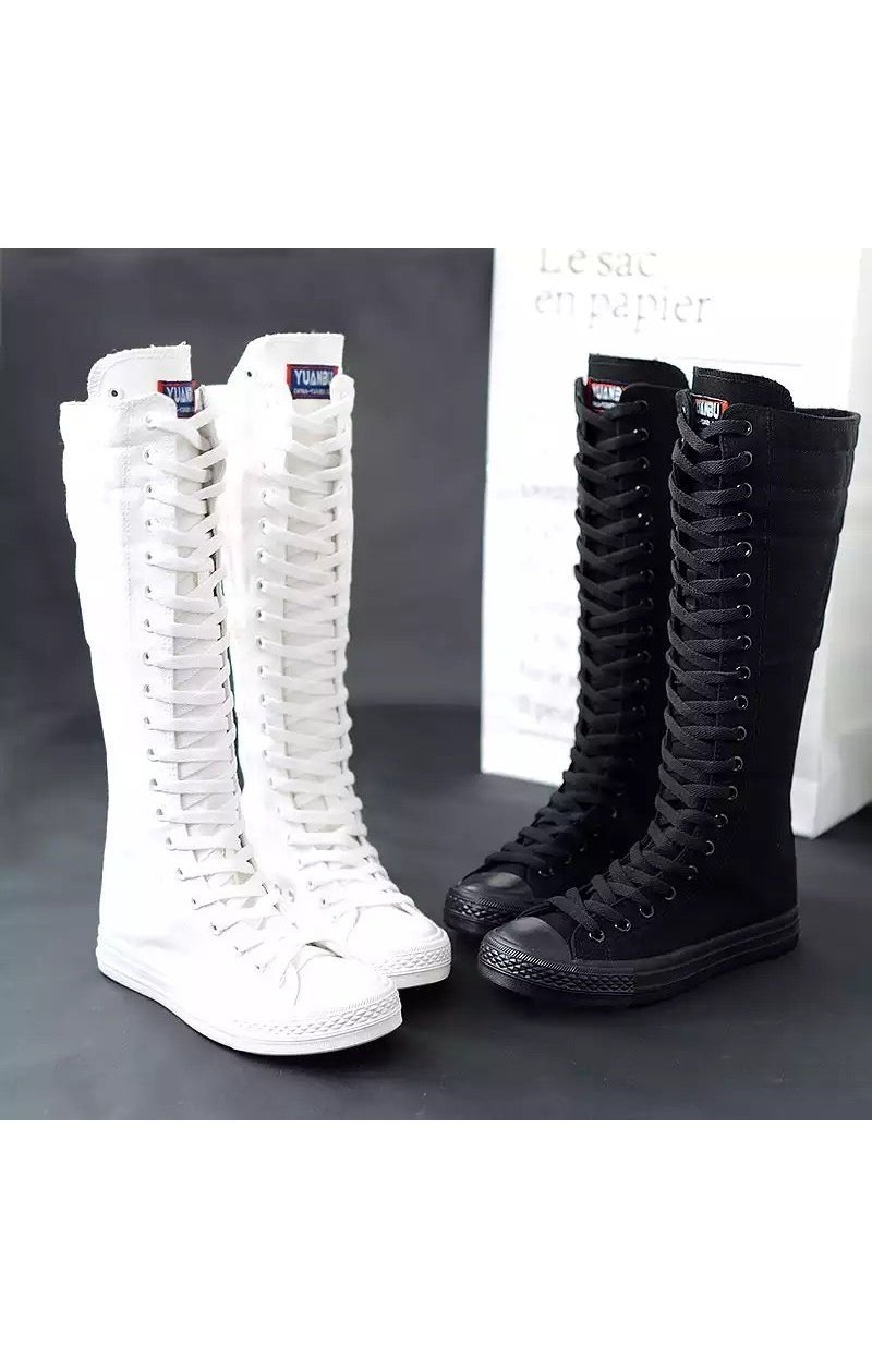 Canvas Casual High Top Shoes Long Boot Lace-Up Zipper Sneakers (2 Colors)