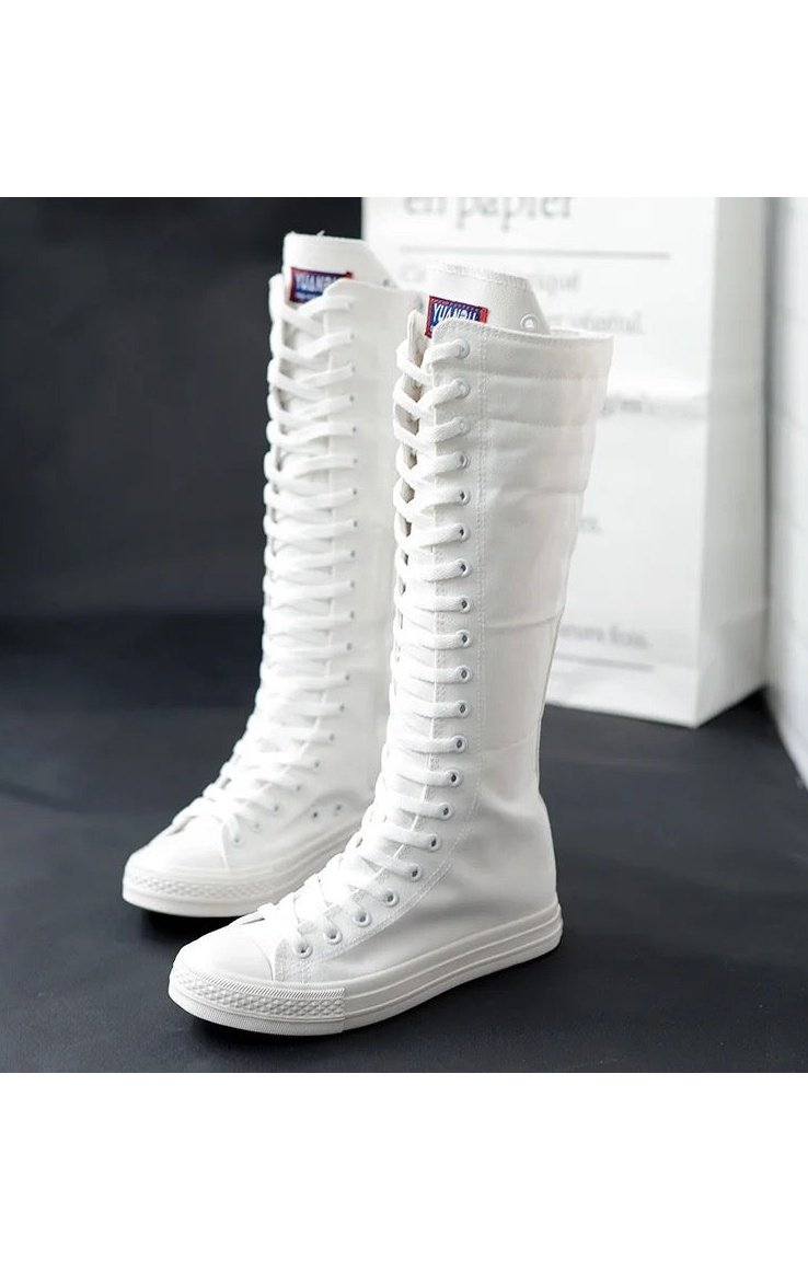 Canvas Casual High Top Shoes Long Boot Lace-Up Zipper Sneakers (2 Colors)