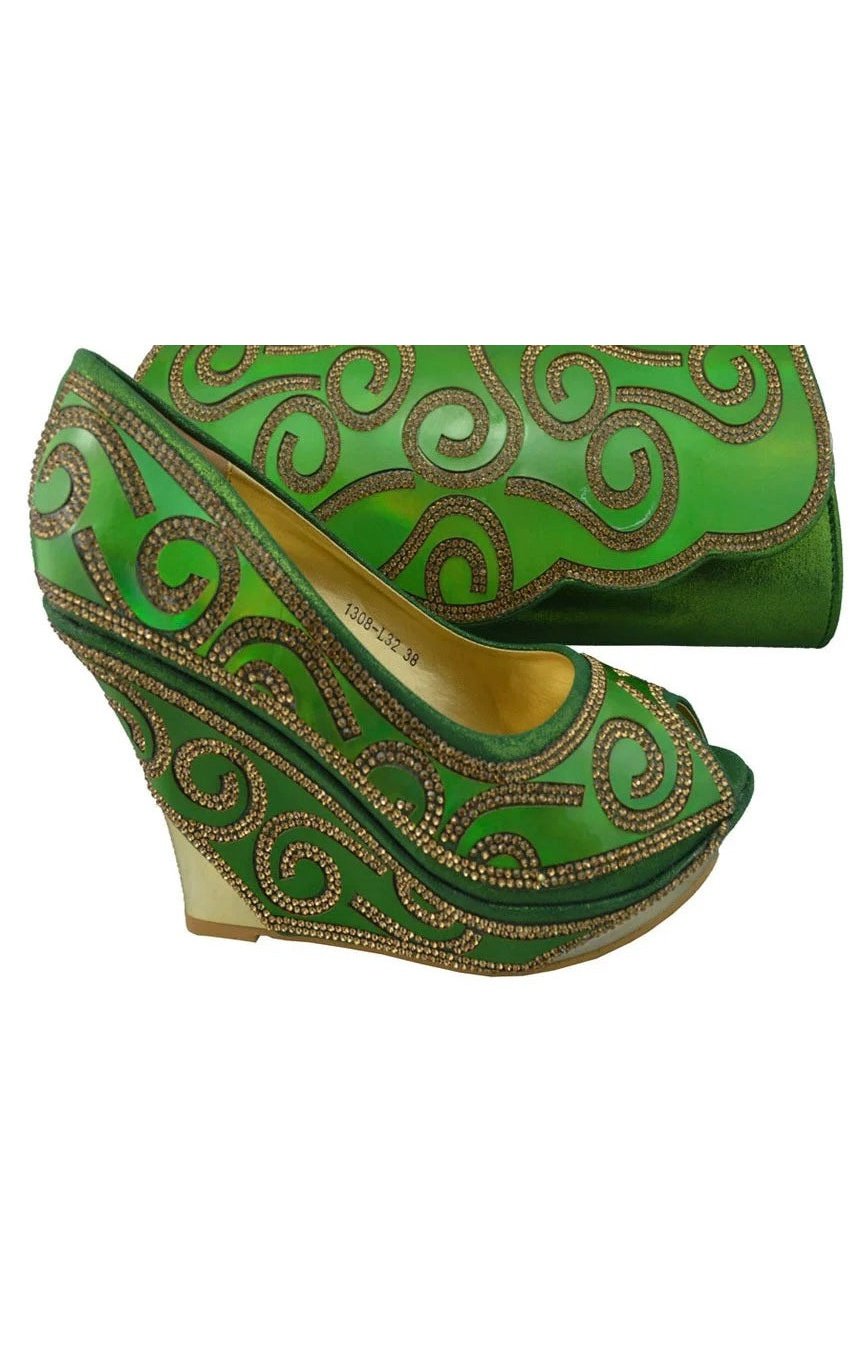 Green Print Wedges  with Matching Clutch