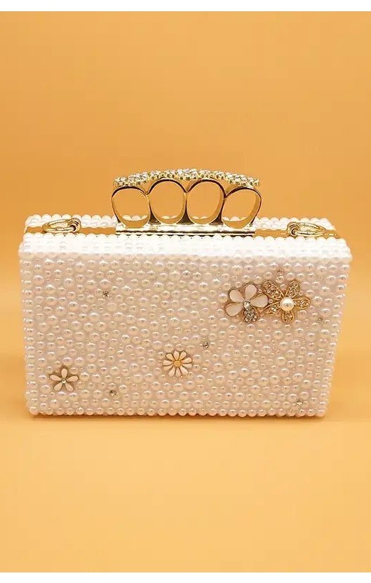 White Flats Stones Pearl Beads Matching Clutch  purse bag Set Bling Stones