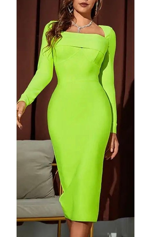 Highlighter Green Midi Bodycon Bandage Dress  Long Sleeve