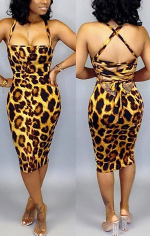 Strappy Leopard Print Slim Backless Dress