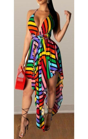 V-Neck Backless Colorful Striped rainbow dress