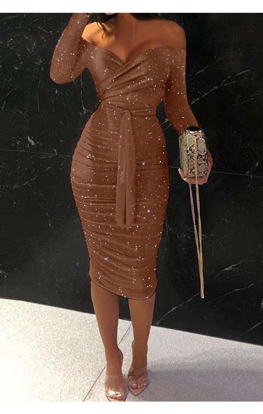 Brown Bling Off Shoulder Tie Front Ruched Bodycon  Dress (2 Colors)