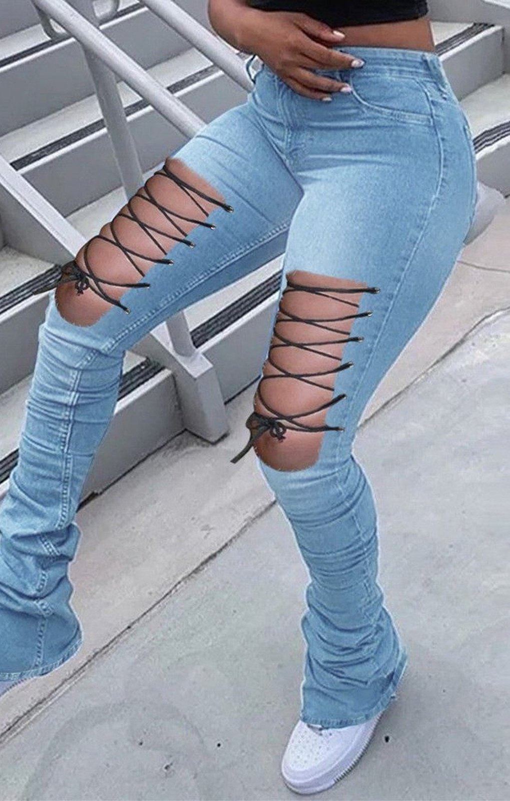 Sky Blue Fashion Sexy Solid Strap Design High Waist Jeans bottoms