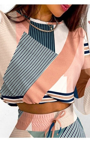 Geometric Print Long Sleeve Top & Drawstring Shirred Skirt Set