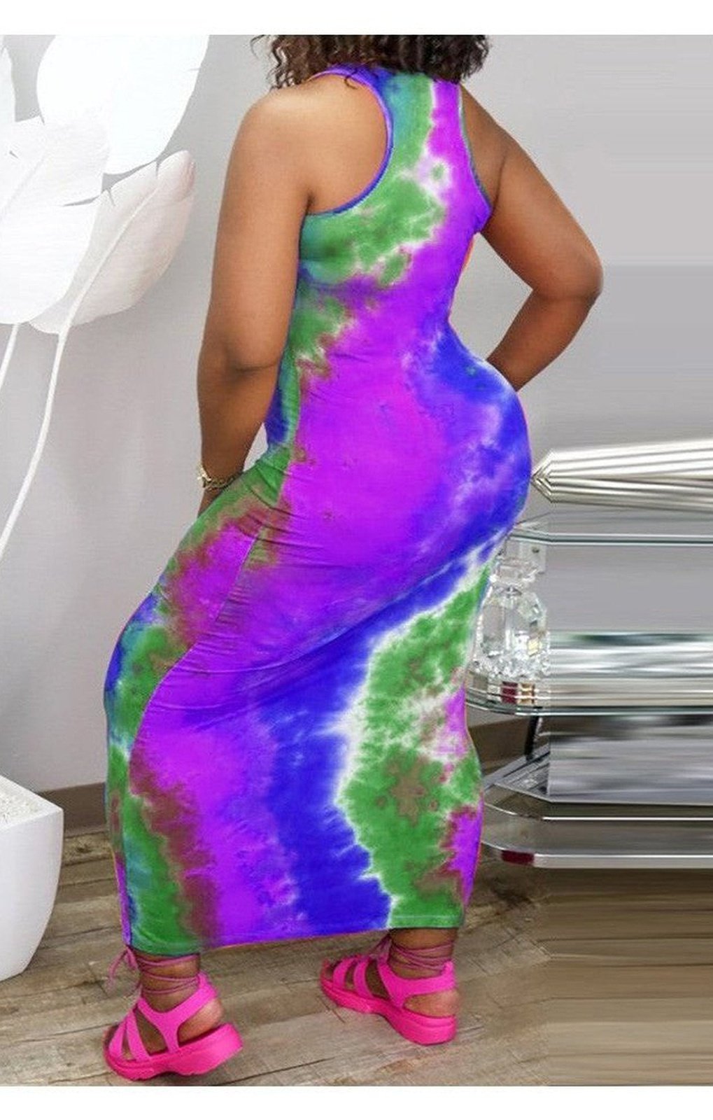 Tie Dye Print U-Neck Sleeveless Maxi Dress