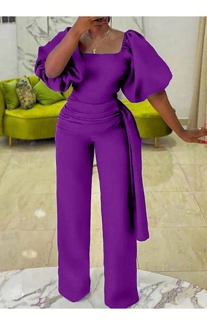 Puff Sleeve Ruched Tie Decor Wide Leg Jumpsuit
