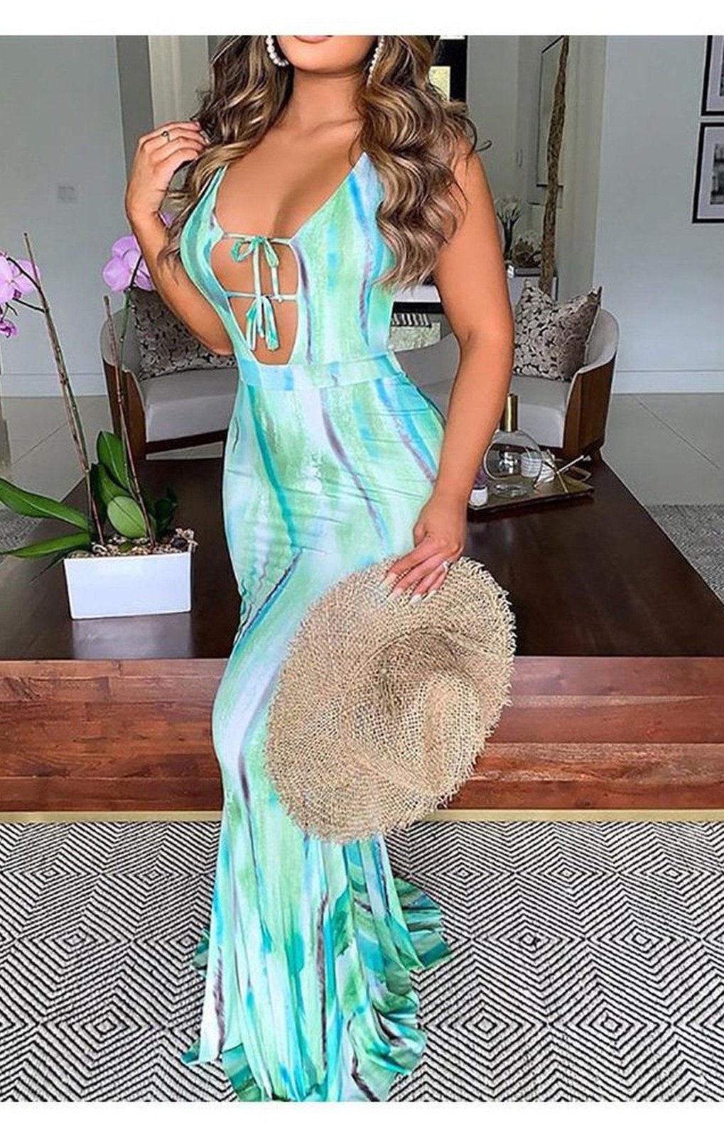 Turquoise Tied Detail Backless Tie Dye Print Maxi Dress