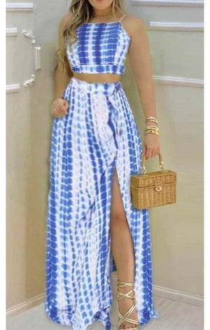 Print Strap Cropped Tanks With Slit Long Skirts Skirt Sets