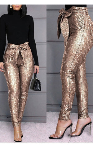Glitter Sequins Belted Skinny Pants