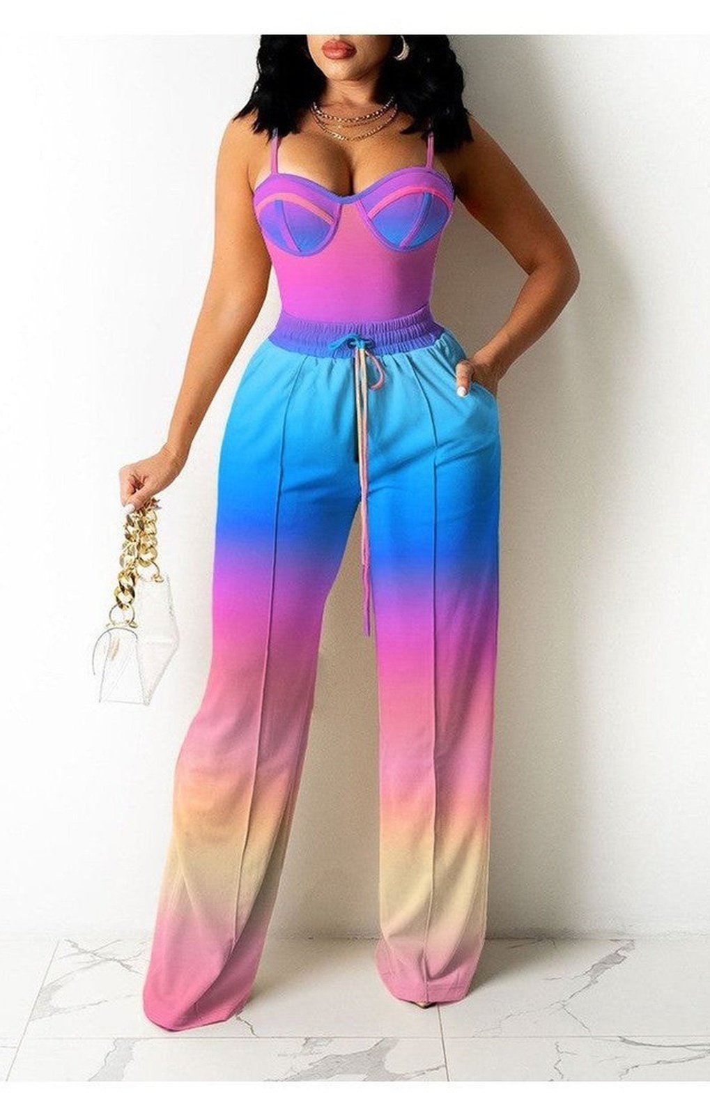 Ombre Colorblock Cami Top & Wide Legs Contrast Pipping Pants Set