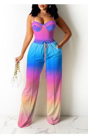 Ombre Colorblock Cami Top & Wide Legs Contrast Pipping Pants Set