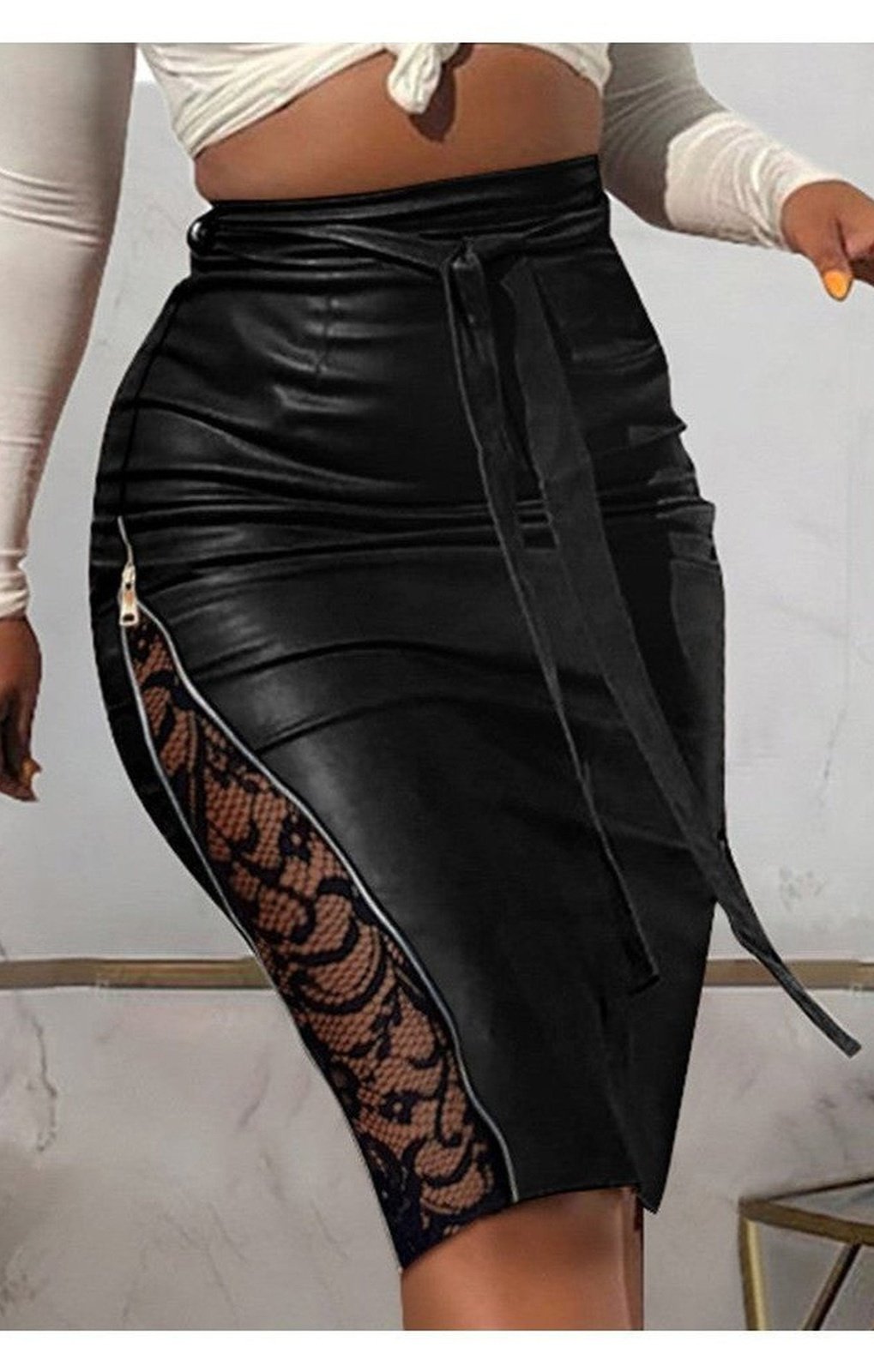 Lace Zipper Detail Belted PU Leather Skirt