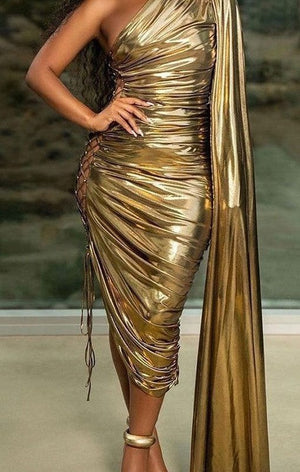 Gold One Shoulder Side Lace-Up Cloak Sleeve Evening Dress