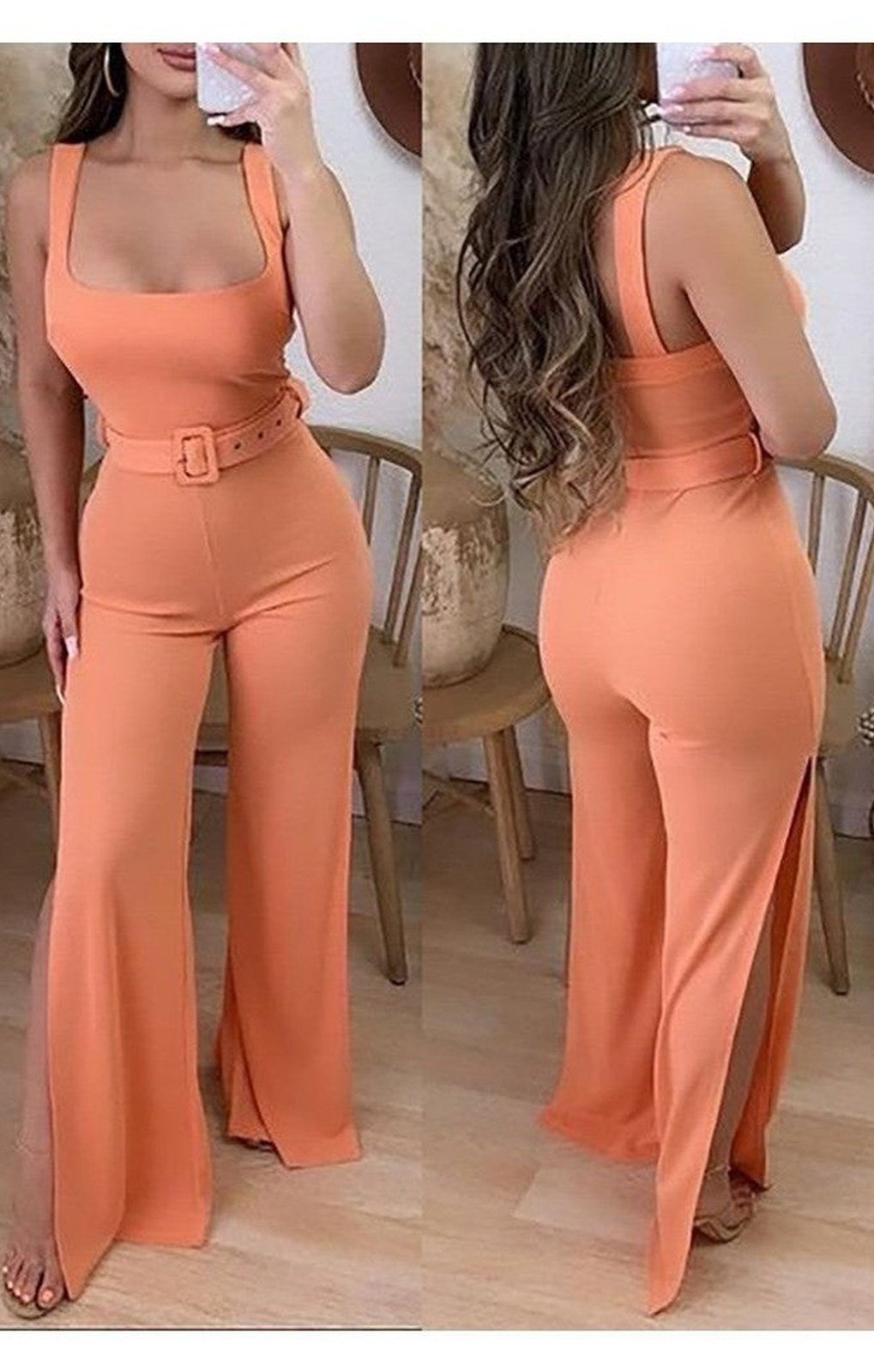 Thick Strap Backless Slit Jumpsuit With Belt