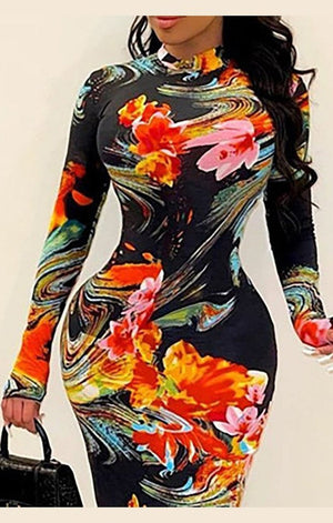 Floral Abstract Print Long Sleeve Maxi Dress