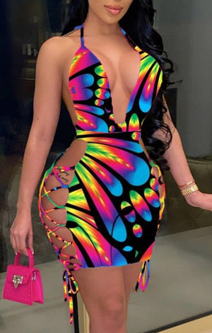 Fashion Sexy Print Hollowed Out Backless Dress