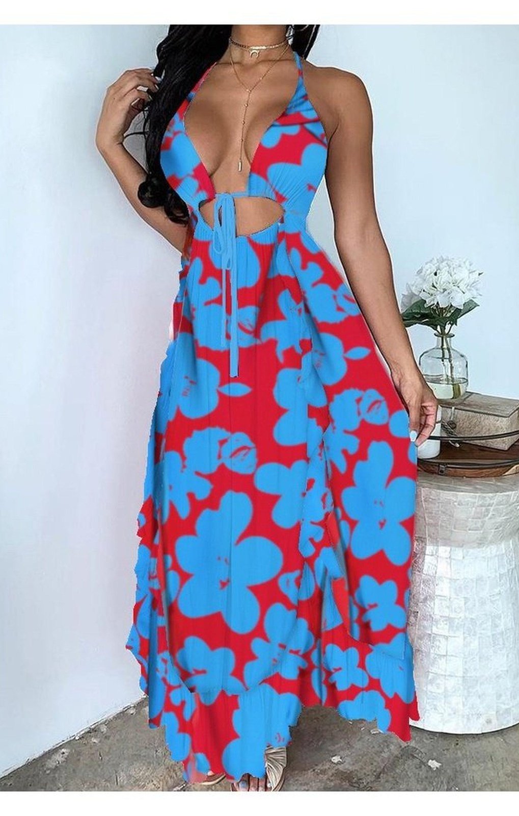 Floral Print Halter Sleeveless Lace Up Cutout Maxi Dress
