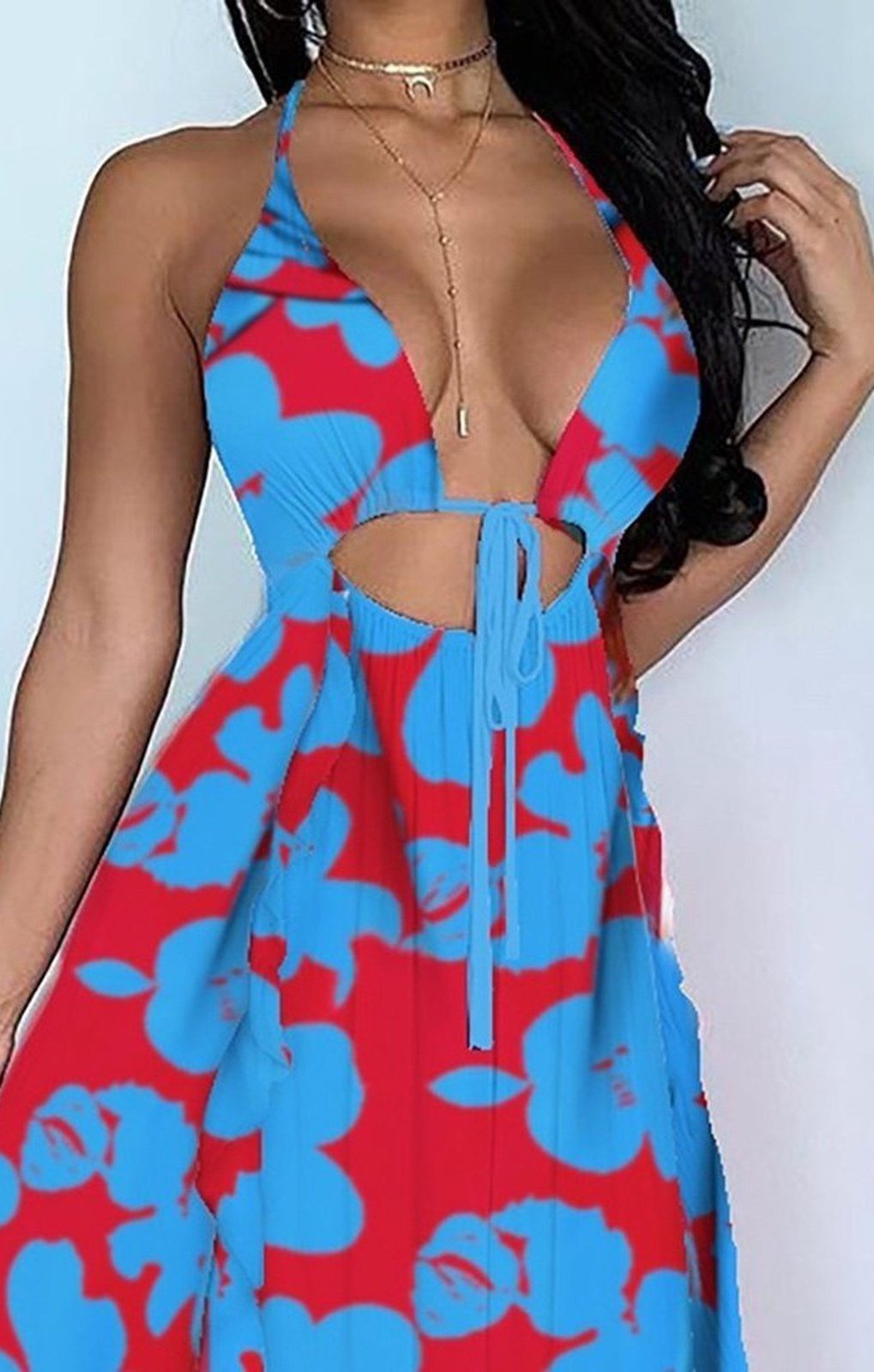 Floral Print Halter Sleeveless Lace Up Cutout Maxi Dress