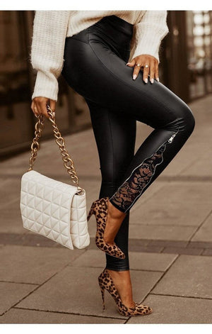 Lace Zipper Detail Skinny PU Leather Pants