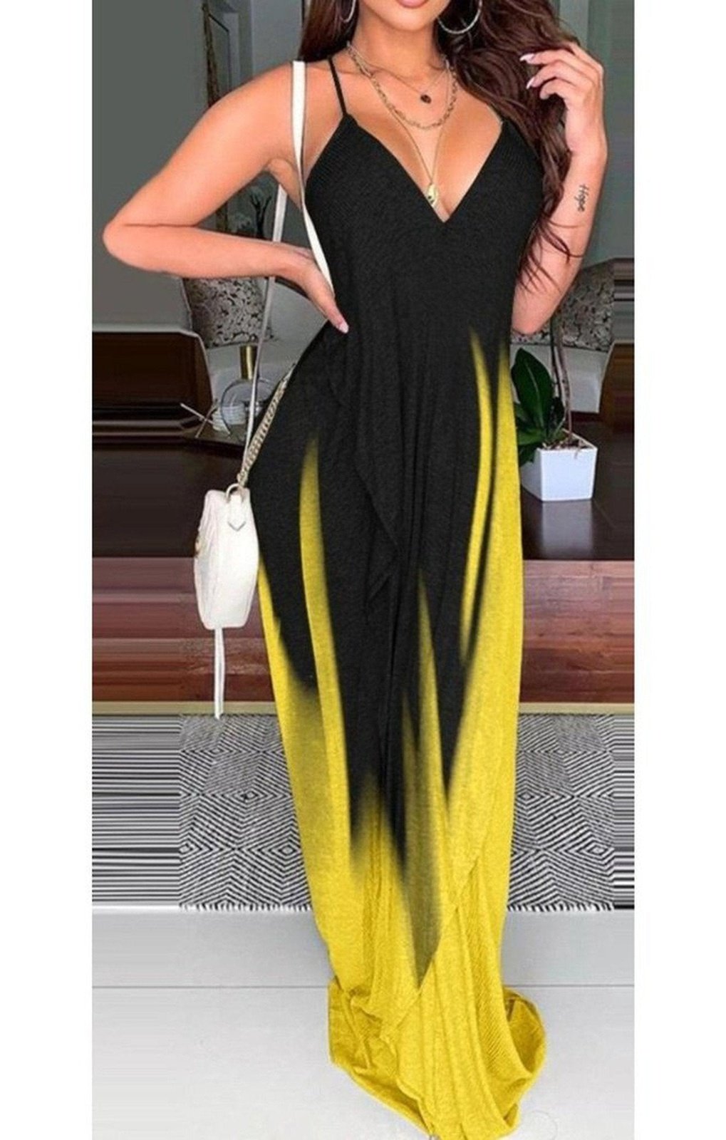 Yellow Color block Backless V-Neck Maxi Dress