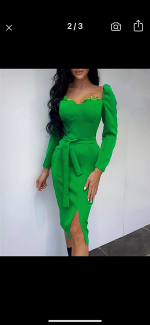 Green puff sleeve belted Dress